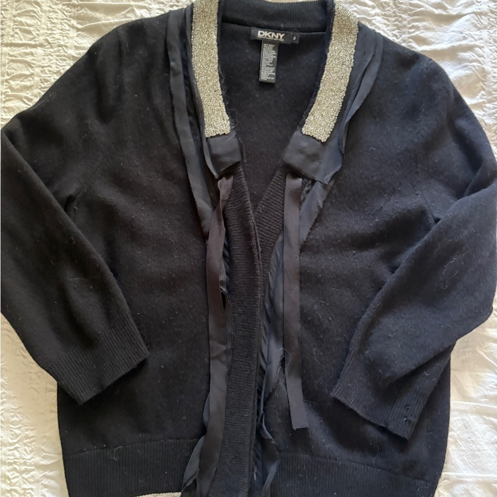 DKNY Black Sweater with Metallic Accents  crystal stone detail at collar,